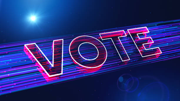 istock Futuristic Blue Red Blurry Focus 3d Perspective View Vote Lettering Dotted Lines And Glitter Dust Particle Breeze Effect With Light Flare 2032471068