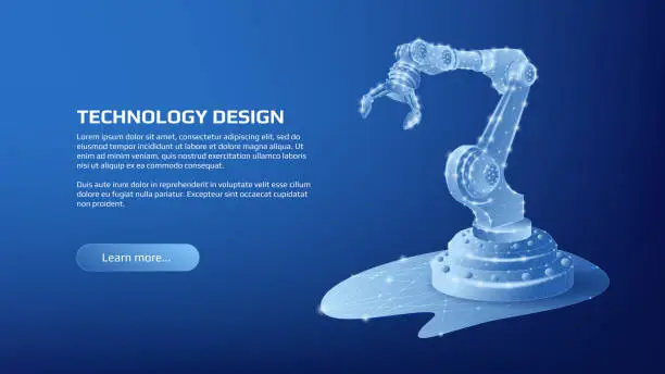 Vector illustration of Polygonal shining mechanical manipulator on dark blue background. Technology page or banner template for industry. Vector.