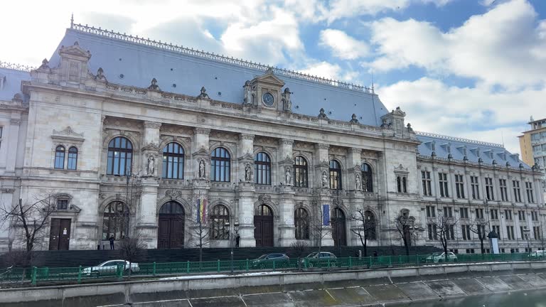 Romania Bucharest Winter walk around the city attractions in the center. Administrative buildings beautiful architecture. Set of videos for the clip history of a large European city.