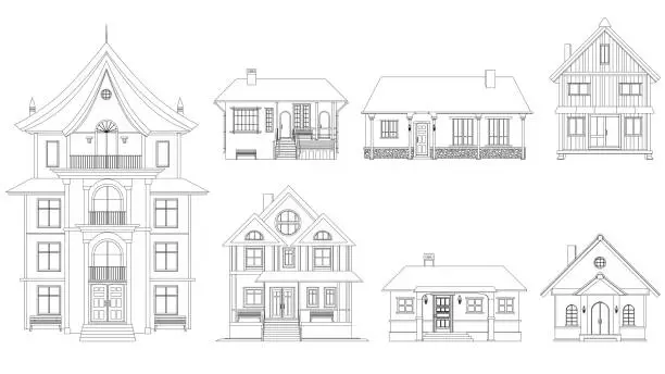 Vector illustration of Set of black outlines of mansions and private houses isolated on white background. One-story houses and with several floors. Clipart.