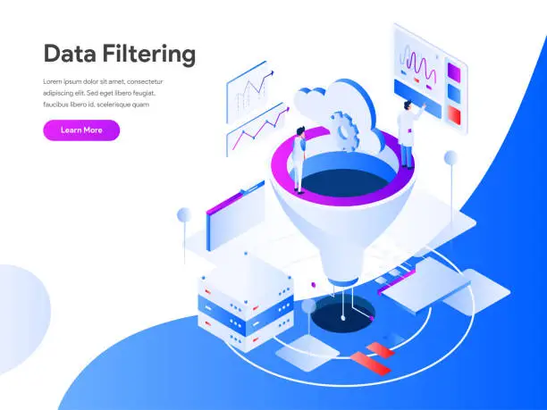 Vector illustration of Data Filtering Isometric Illustration Concept. Modern flat design concept of web page design for website and mobile website.Vector illustration EPS 10