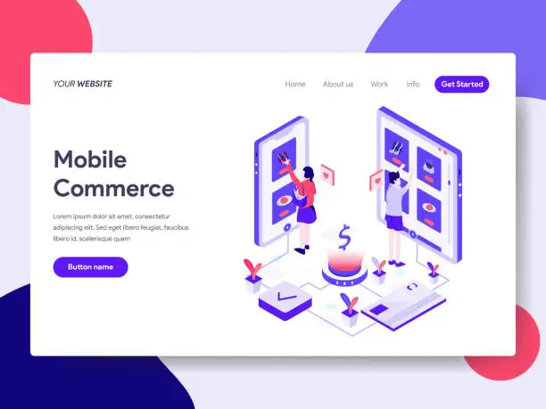 Vector illustration of Landing page template of Mobile Commerce Illustration Concept. Isometric flat design concept of web page design for website and mobile website.Vector illustration