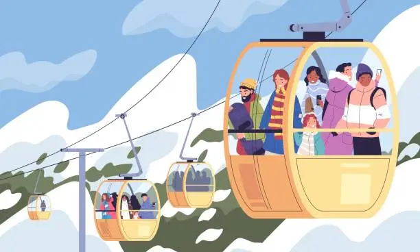 Vector illustration of People on cableway. Diversity tourists lifting to mountain in ropeway tram cabin, snowboard ski winter resort panorama landscape, woman man at cable car classy vector illustration