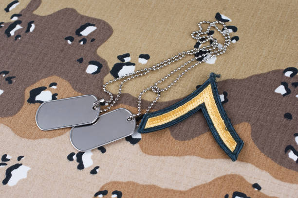 istock US ARMY Private rank patch and dog tags on desert camouflage uniform 2032482530