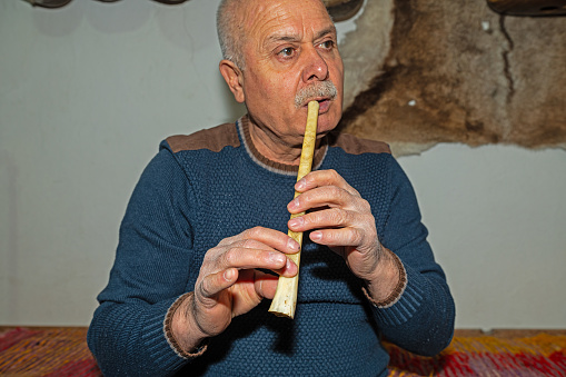 Musician playing his traditional string instrument.