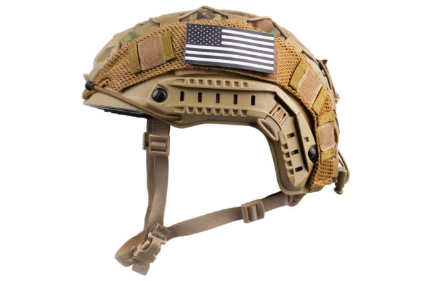 istock Camouflaged military helmet with US flag patch 2032483123