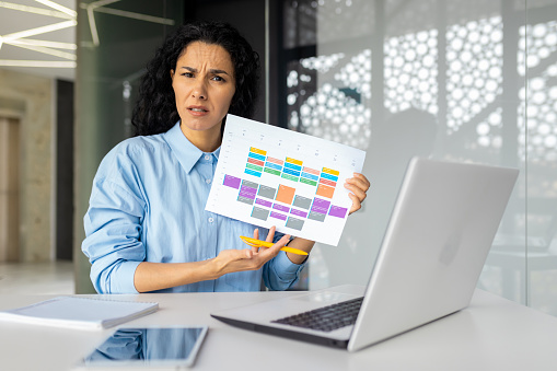 Portrait of dissatisfied excited businesswoman at workplace inside office, female worker with laptop looking disappointed, upset at camera, showing table report with negative results of achievements.