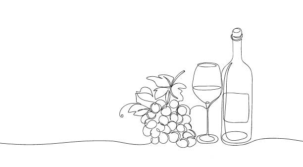 ilustrações de stock, clip art, desenhos animados e ícones de bottle of wine with glass and grape one line drawing. minimalist sketch of wineglass with red wine and bunch of grapes, alcohol concept. vector contour illustration - wineglass wine glass red wine