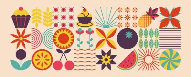 Vector illustration of Geometric food pattern. Natural organic fruit flower shapes, modern brand identity package menu design. Vector background