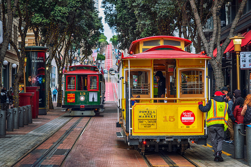 The San Francisco cable car system is the world's last manually operated cable car system and an icon of the city of San Francisco. It is among the most significant tourist attractions in the city,

Powell Street is a street in San Francisco, California that connects from Market Street through Union Square, North Beach, Nob Hill, Russian Hill and ends at Fisherman's Wharf.

San Francisco is the commercial, financial, and cultural center of Northern California.