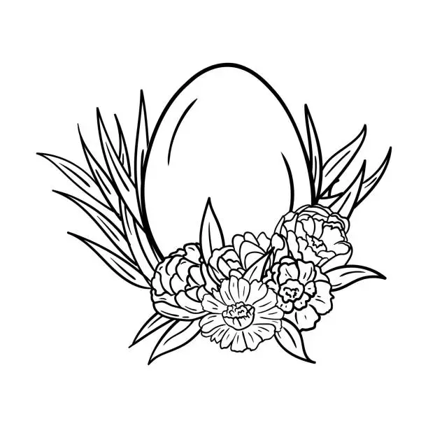 Vector illustration of Coloring page of Easter egg in grass and flowers. Black and white image. Vector image for a postcard.