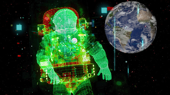Astronaut Enclosed in a High-Tech Scenario, Rendered Through Computer Graphics