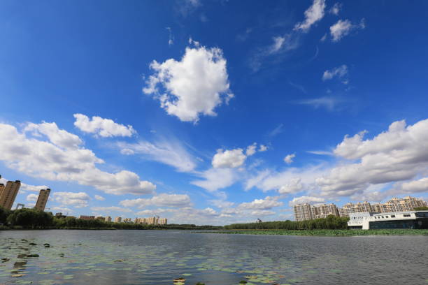 Sunny waterfront urban architectural scenery, North China