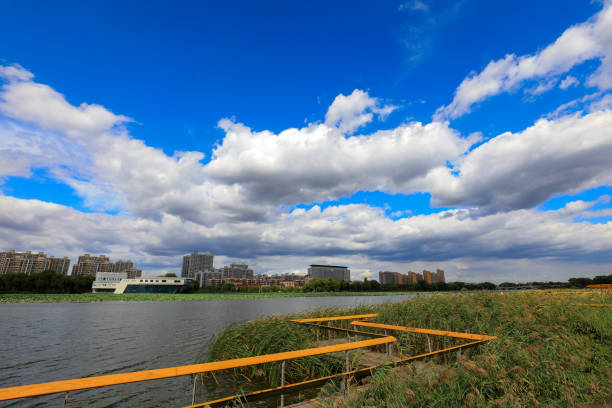 Sunny waterfront urban architectural scenery, North China