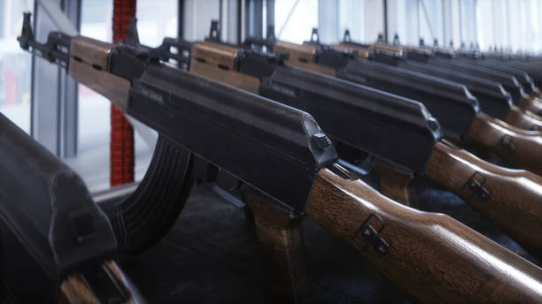 istock Russian machine gun AK 47 production factory. 3d rendering 2032547463