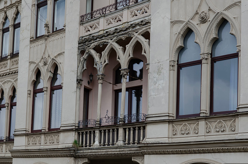 facade of a house with arches in the Italian style in Lviv, Ukraine.