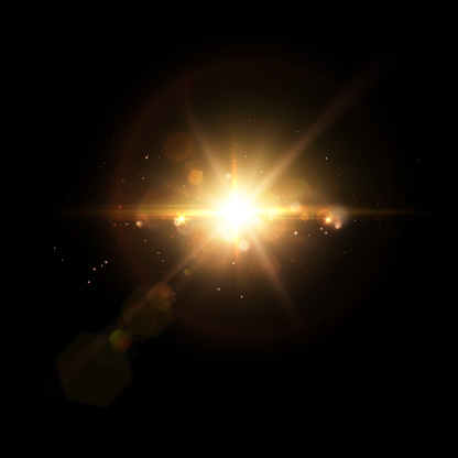 The effect of bright sunlight. Twinkling golden star on a black background. Bright light effect. Vector