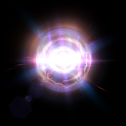 Magic plasma ball. Transparent purple light effect with electric ball lightning discharge.