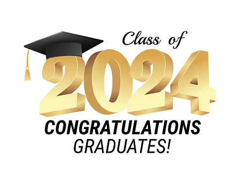 Class of 2024. Congratulations graduates gold graduation concept with 3d text and decorative elements. Graduation typography design template. Congrats graduates Flat style vector illustration