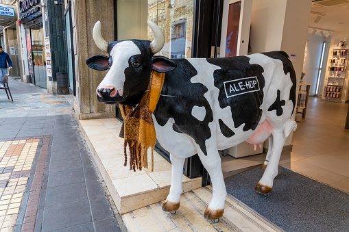 Quirky cow sculpture wearing a scarf outside Ale-Hop shop, Cartagena