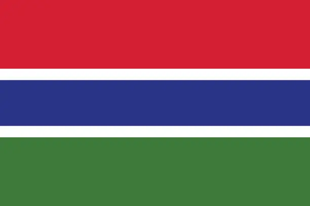 Vector illustration of Gambia flag. The official ratio. Flag icon. Standard color. Standard size. A rectangular flag. Computer illustration. Digital illustration. Vector illustration.