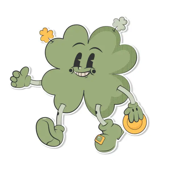 Vector illustration of Trendy retro cartoon character clover with four leaf holding coin.Happy Saint Patrick's Day sticker. Groovy style, vintage,70s 60s.Vector illustration EPS10