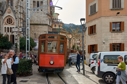 Sóller, Spain - Febrery 23, 2024: Historic tram that makes the journey from historic Sóller to Port de Sóller, in the north of Mallorca Spain, the line was inaugurated in 1913.