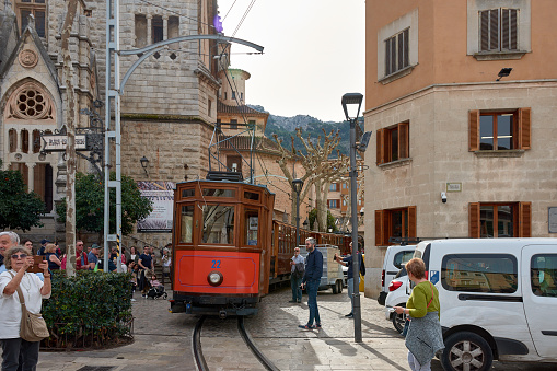 Sóller, Spain - Febrery 23, 2024: Historic tram that makes the journey from historic Sóller to Port de Sóller, in the north of Mallorca Spain, the line was inaugurated in 1913.