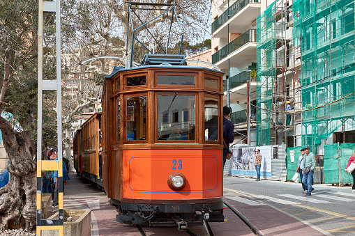 Sóller, Spain - Febrery 23, 2024: Historic tram that makes the journey from historic Sóller to Port de Sóller, in the north of Mallorca Spain, the line was inaugurated in 1913.