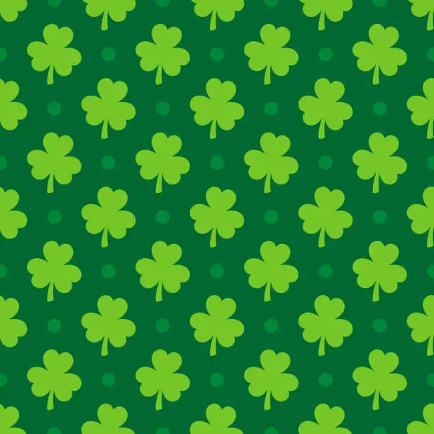 Vector illustration of Saint Patricks Day shamrock seamless pattern. Green clover leaves on white background. St. Patricks Day backdrop. Vector template for fabric, textile, wallpaper, wrapping paper, etc.