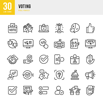 Voting - thin line vector icon set. 30 icons. Pixel perfect. The set includes a Voting, Election, Presidential Election, White House, Capitol Building, Ballot Box, Debate, Electronic Voting, Fundraising, Check Mark, Thumb Up Winner.