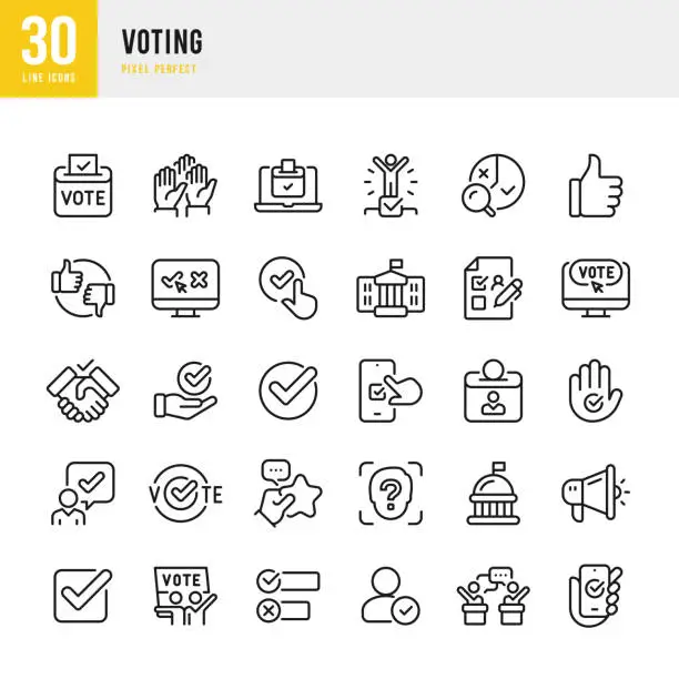 Vector illustration of Voting - thin line vector icon set. 30 icons. Pixel perfect. The set includes a Voting, Election, Presidential Election, White House, Capitol Building, Ballot Box, Debate, Check Mark, Thumb Up Winner.