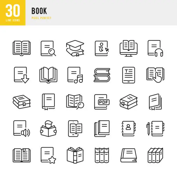 Vector illustration of Book - thin line vector icon set. 30 icons. Pixel perfect. The set includes a Book, Hardcover Book, Favorite Book, Open Book, Reader, Audiobook, Handbook, Bookshelf, Textbook, E-Book.