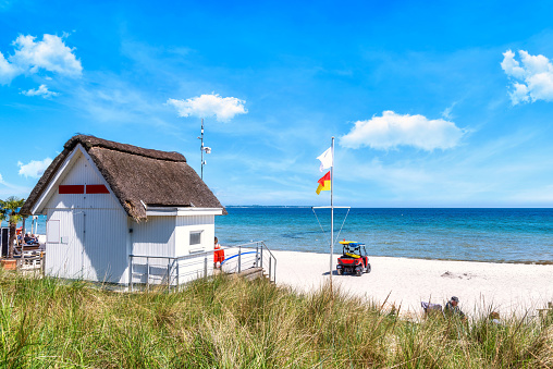 Germany, Scharbeutz, 3.06.2022: View of the idyllic beach of Scharbeutz, baltic sea, Germany