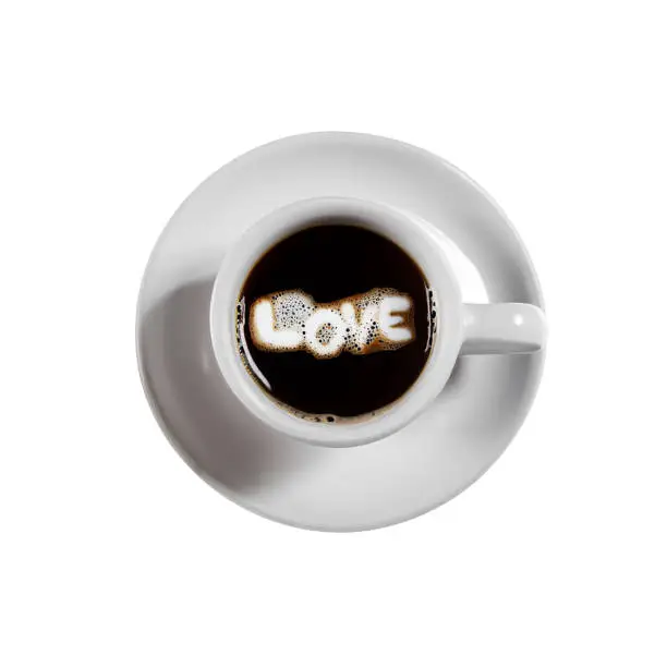 Isolated Top View of White Cup on Plate: Romantic Stock Photo of Black Coffee with 'Love' Foam Art for Coffee Aficionados