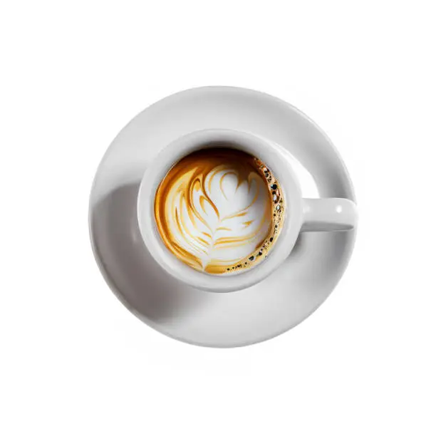 Isolated Top View of White Cup on Plate: Creative Stock Photo of Exquisite Coffee Art with Beautiful Foam Design