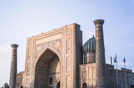 Registan Square, Ulugbek Madrasah, Sherdor Mosque Madrasah and Tillya-Kari Madrasah in the ancient city of Samarkand in Uzbekistan, oriental architecture