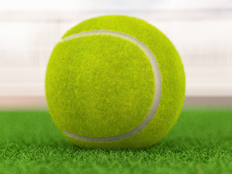 Tennis Ball on Grass Court. 3D Render