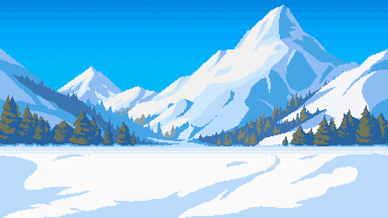Winter pixel art, mountain landscape in 8-bit retro video game style. Vector seamless background