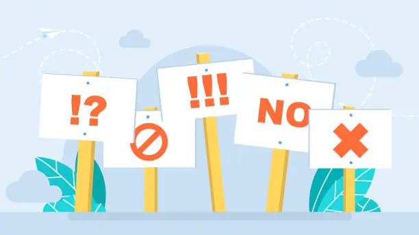 Vector illustration of Set of signs with signs of prohibition, refusal, negative, against, protest, no. No answer choice, placard with no sign, person say no vote. Disagreement, protest, complaint. Vector illustration