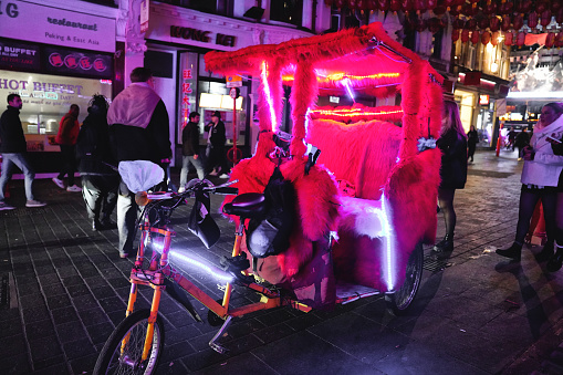 Night. View Rickshaw Illuminated Pedicabs And Cycle Rickshaws On A Nighttime Street View In ...