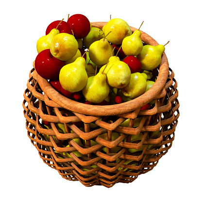 3D rendering of a medieval basket with pears and apples isolated on white background