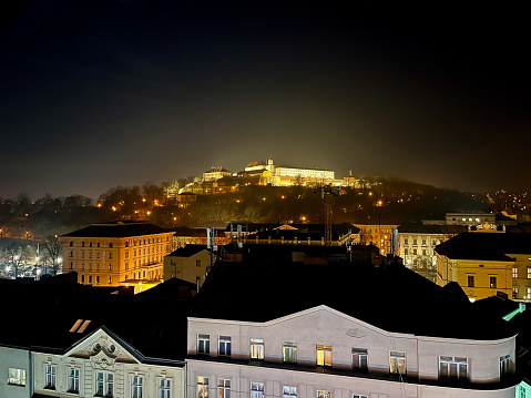 Night cityscape view on the old town with castle in Brno city, Czech republic. Mystical winter beauty. High quality photo