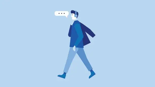 Vector illustration of Young man talking while walking on the street. People wearing headphones