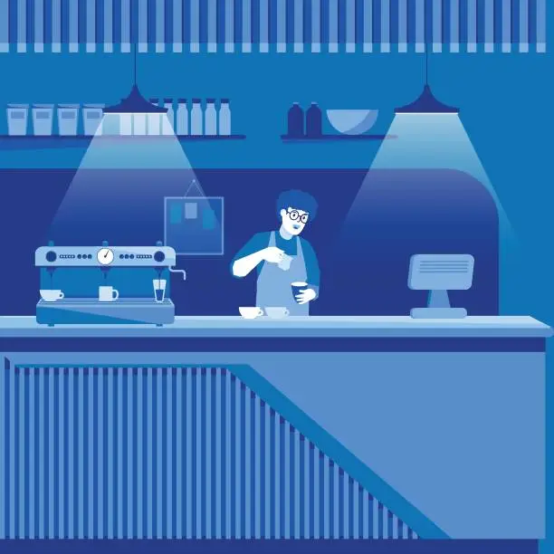 Vector illustration of Barista making coffee. Cartoon cafe worker preparing coffee in cafe with coffee machine, barista making filtered coffee.