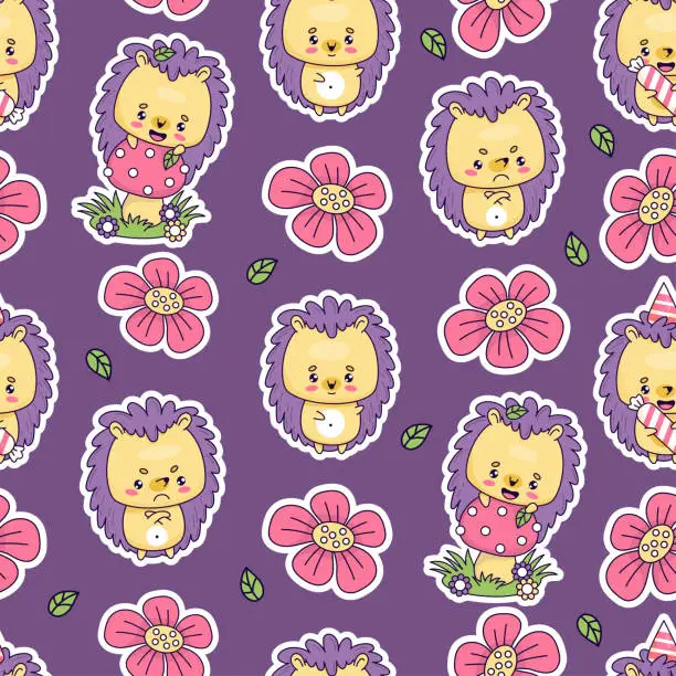 Vector illustration of Seamless pattern with funny hedgehog with mushroom fly agaric and flowers on purple background. Cute kawaii animal character. Vector illustration. Kids collection.