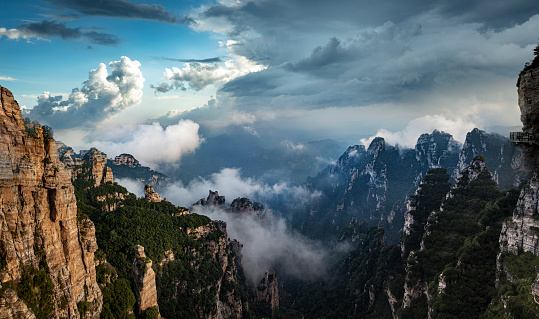 Clouds in peaks and valleys at dusk, extreme weather