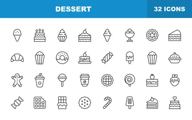 Vector illustration of Dessert Line Icons. Editable Stroke. Contains such icons as Apple Pie, Baking, Biscuit, Brownie, Cake, Cookie, Cooking, Food, Ice Cream, Restaurant, Sugar, Chocolate.