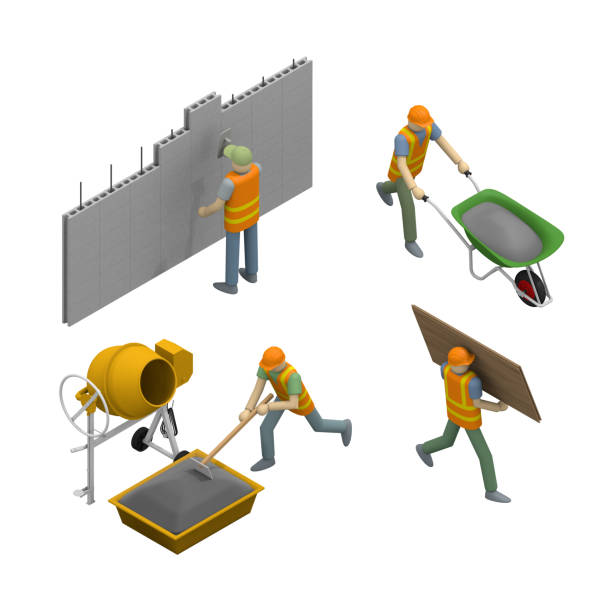 Construction site where workers are active. Construction of walls, mixing of cement, transportation of materials stock photo