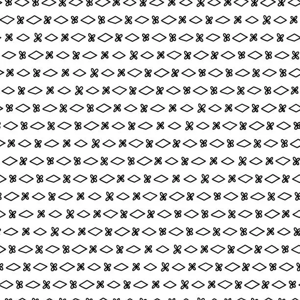 Vector illustration of Stylish monochrome doodles. Hand drawn Seamless pattern. Doodle small flower and rhombuses seamless pattern.